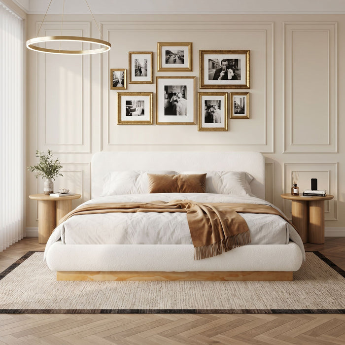 Queen Size Upholstered Platform Bed Frame, No Box Spring Required - Natural / White