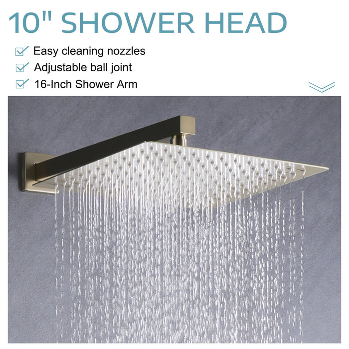 10Inch Brushed Gold Brass Rainfall Shower System, Luxuly Bathroom Shower Faucet Combo Set