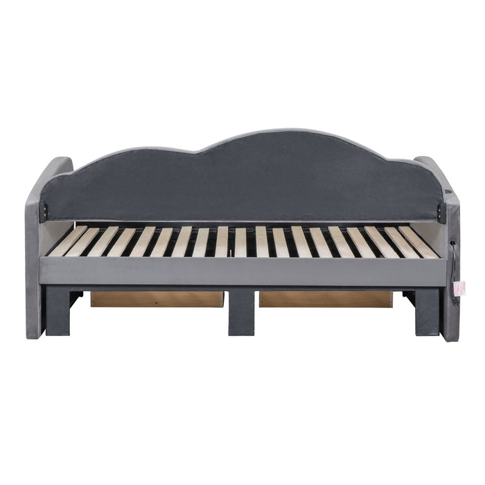 Upholstered Daybed With Cloud-Shaped Backrest, Trundle & 2 Drawers And USB Ports