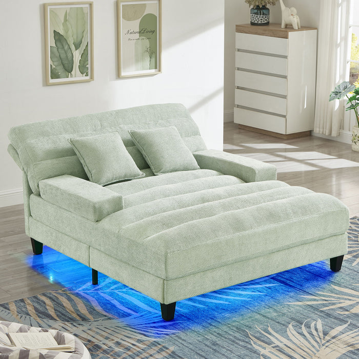Chaise Bed Lounge Sofa Chair With Adjustable Backrest And LED Light Strip - Green