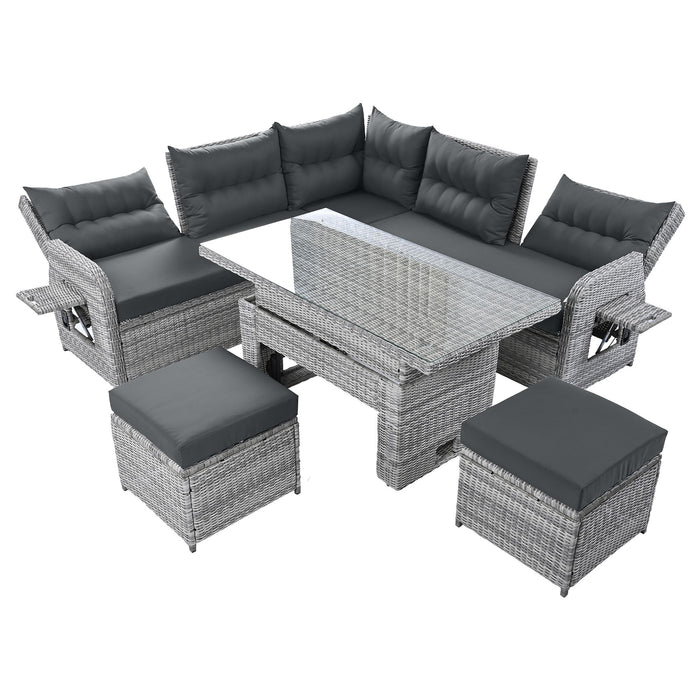 Outdoor Furniture Set Patio Rattan Furniture Set With Adjustable Table, Recliners With Extendable Side Tables And 2 Ottomans