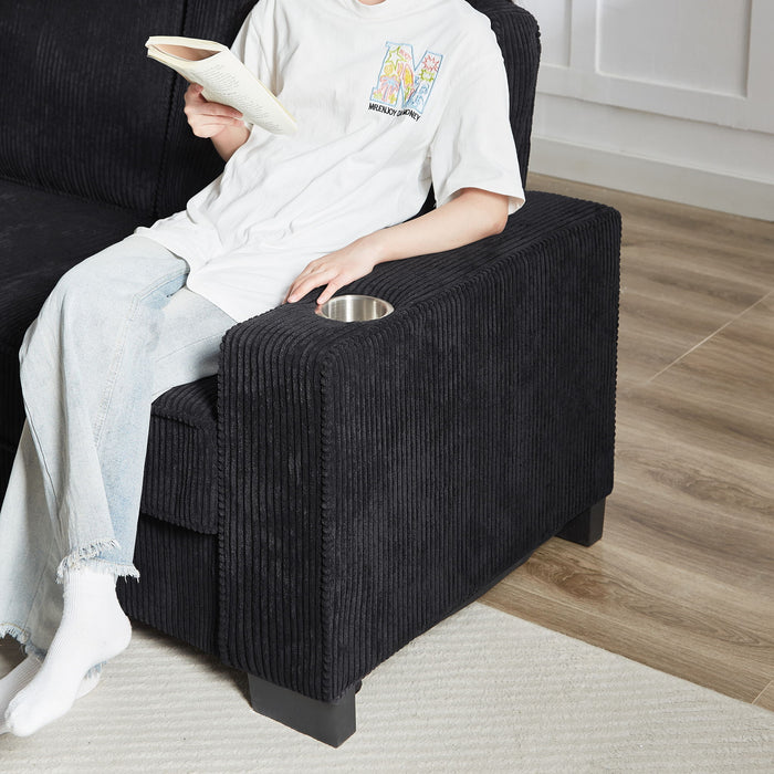 Modern Corduroy Fabric Sofa, 3 Seater Compressed Couch With Cup Holders