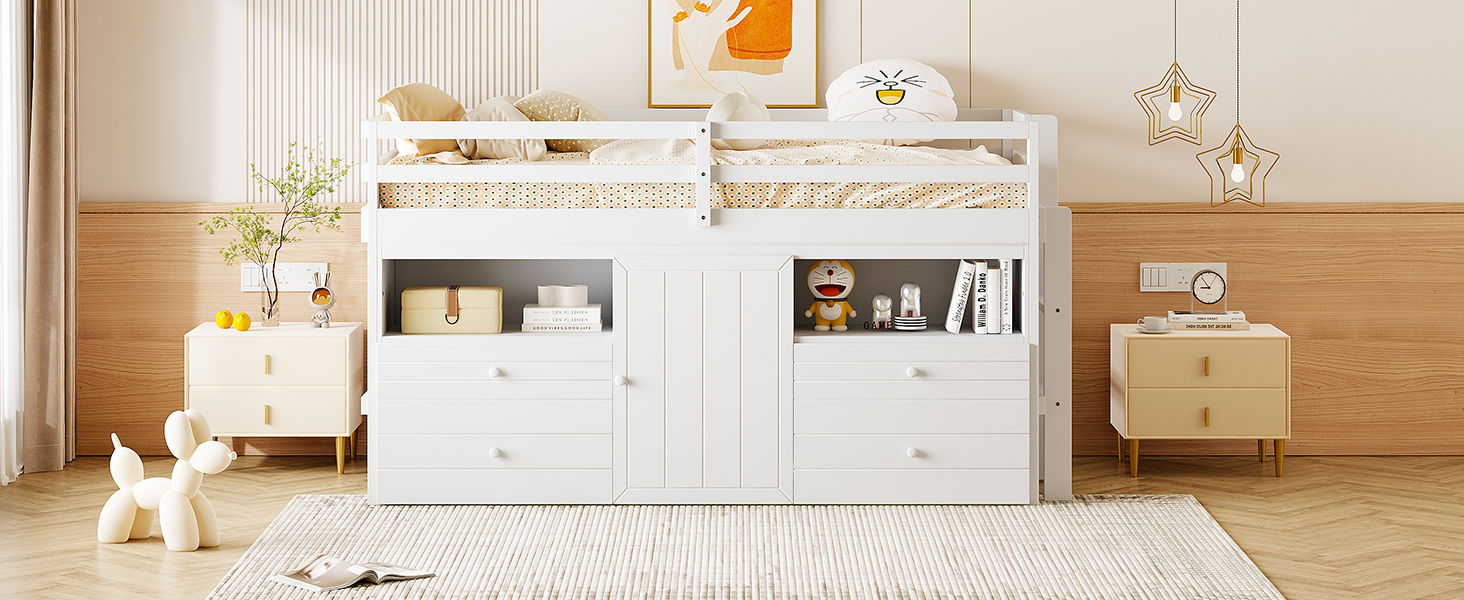 Loft Bed With 4 Drawers, Underneath Cabinet And Shelves