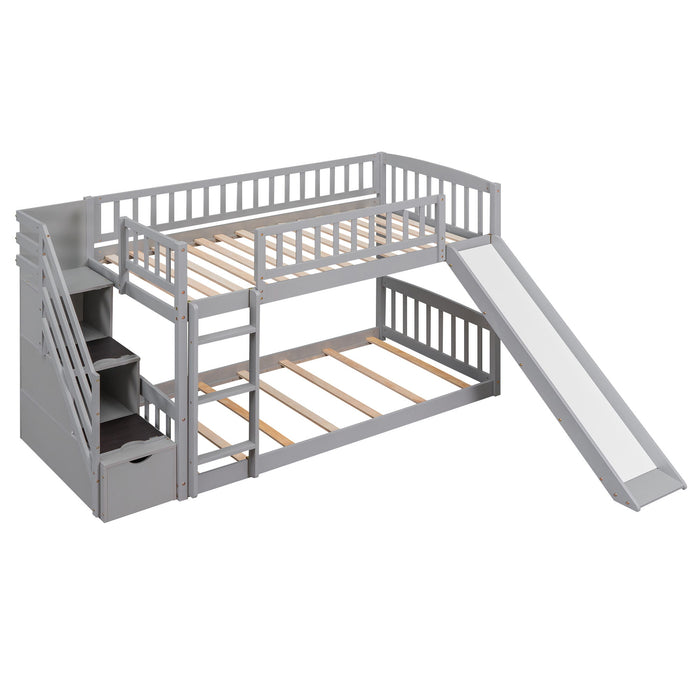 Twin Over Twin Bunk Stairway Bed With 2 Drawers And Slide - Gray
