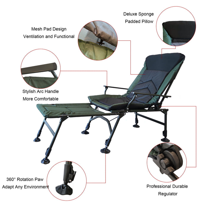Camping Lounge Chair With Detachable Footrest, Portable Folding Reclining Camping Chair With Adjustable Backrest For Indoor And Outdoor Camping Beach Hiking Fishing - Green / Black