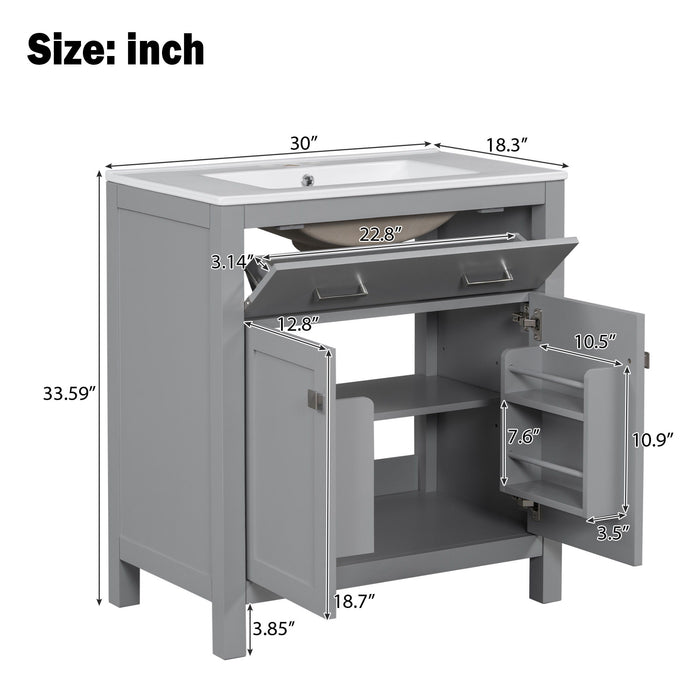 Bathroom Vanity With Ceramic Sink, Modern Single Bathroom Cabinet With 2 Doors And A Shelf, Soft Close Doors