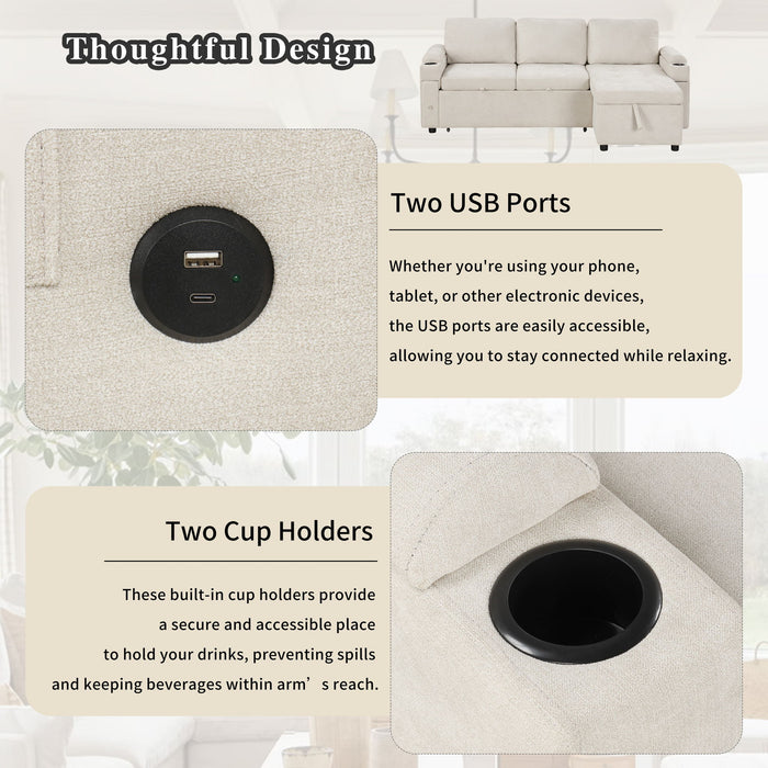 Convertible L Shaped Sofa Couch With Storage, Cup Holders, USB Ports