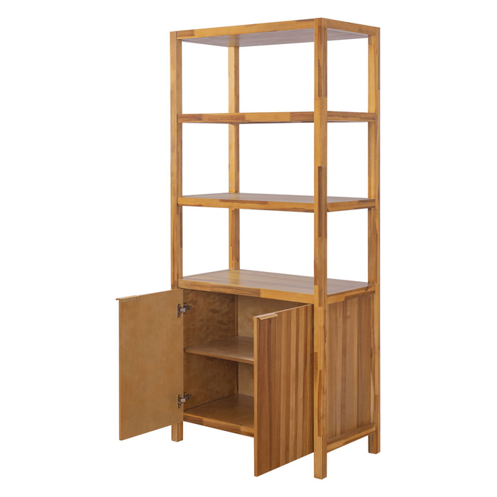 Tall Storage Bookcase Cabinet With 2 Open Shelves & Double Doors, Freestanding Shelving Unit - Natural