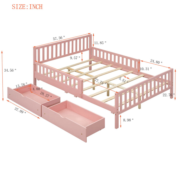 Platform Bed With Guardrails On Both Sides And 2 Storage Drawers