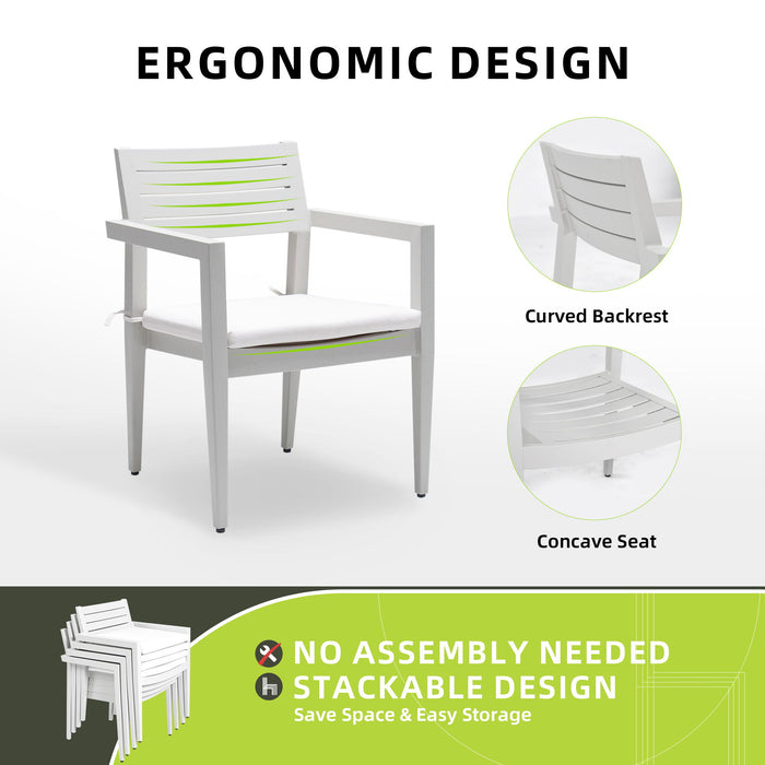 6 Piece Dining Set Modern Outdoor Patio Furniture, 4 Dining Chairs & 1 Dining Bench Sunbrella Fabric And 2 Tone Rectangle Table With Umbrella Hole - Matte White / Grayish