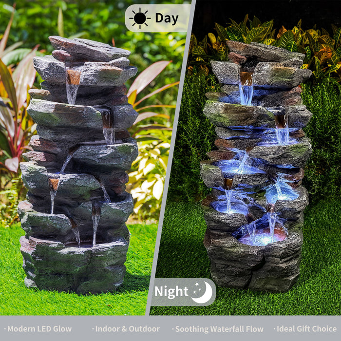 Rock Waterfall Outdoor Fountain With LED Lights - Gray