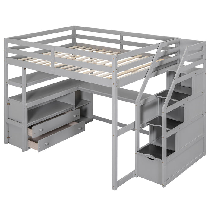 Loft Bed With Desk, Shelves, 2 Drawers, Storage Staircase