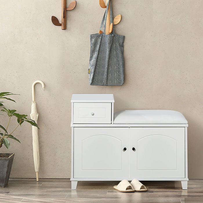 White Shoe Storage Bench Cabinet With Fireproof PU Cushion, Double Doors And Movable Drawer Wood For Door Entrance