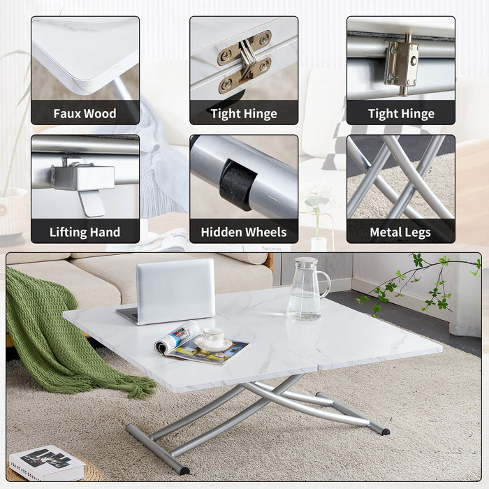 Modern Minimalist Multifunctional Lifting Platform 0.8" White Patterned Sticker Desktop, Silver Metal Legs. Paired With 4 Faux Leather Cushioned Dining Chairs With Silver Metal Legs