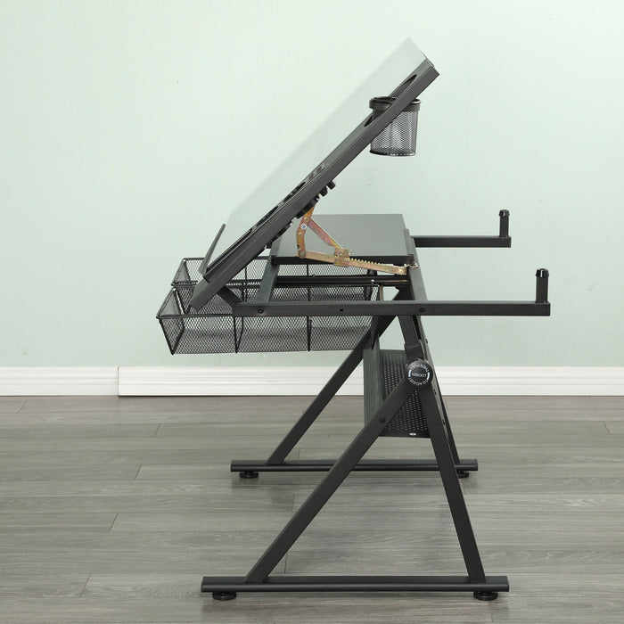 Adjustable Tempered Glass Drafting Printing Table With Chair