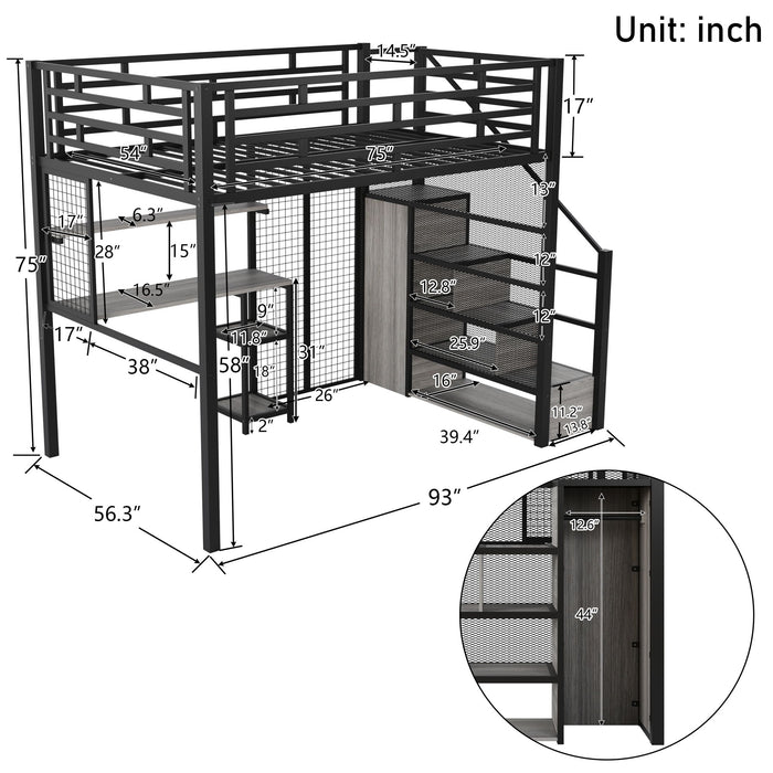 Metal Loft Bed With Wardrobe, Desk, Storage Shelves