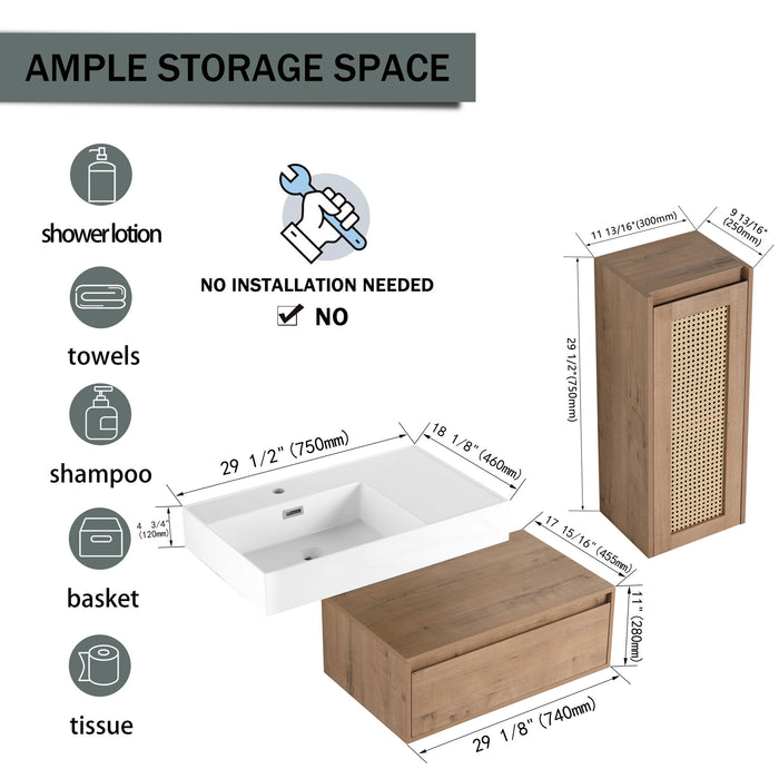 Modern Imitative Wall Mounted Bathroom Vanity With Resin Sink And Side Cabinet