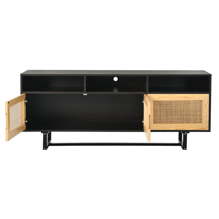 Trexm Retro Rattan Console Table 3 Door TV Stand Media Console With Open Shelves For TV Stand Under 75" (Espresso)