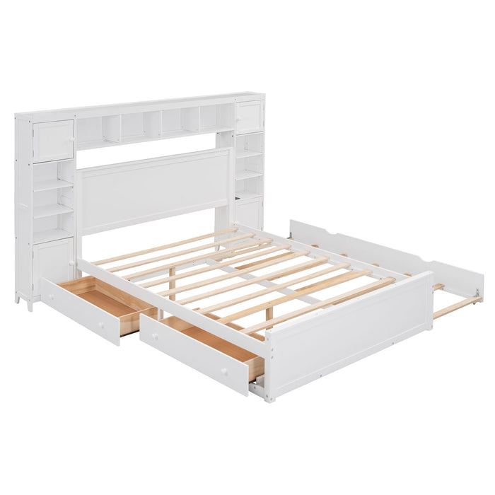 Queen Size Wooden Bed With All In One Cabinet, Shelf And Sockets, White