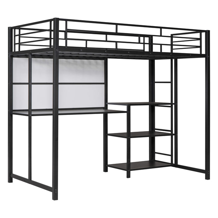 Metal Loft Bed With Desk, 3 Shelves And Ladder