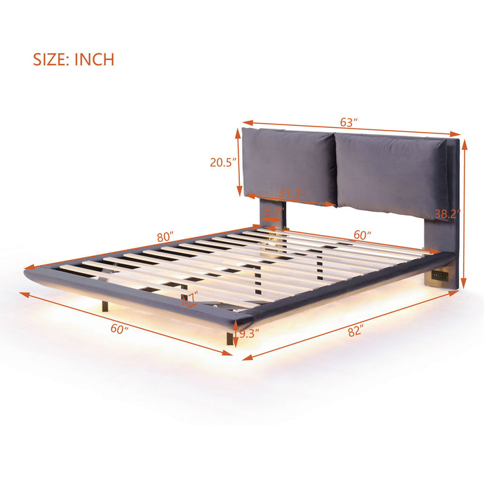 Upholstered Platform Bed With Sensor Light And 2 Large Backrests, With 2 Sets Of USB Port And Socket On Each Rear Bed Leg