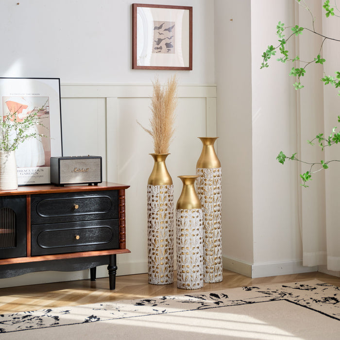 Mother's Day Gift Set Gilded White 3D Relief Flower Metal Vase Set - White / Gold