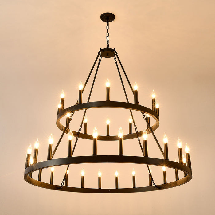 2 Tiers Wagon Wheel Chandelier Wooden Farmhouse 36 Light (24 / 12) Or (12 / 24) Metal Chandeliers 2 Story Light Fixtures Industrial For High Ceiling Living Dining Room Foyer, Adjustable Height - Black