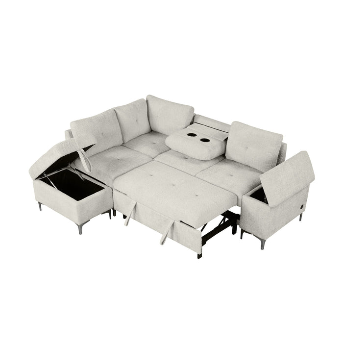 Versatile L Shaped Sofa Bed With Storage, Cup Holders, USB Ports Chenille
