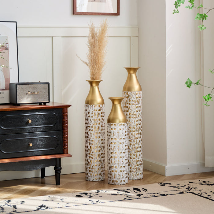 Mother's Day Gift Set Gilded White 3D Relief Flower Metal Vase Set - White / Gold