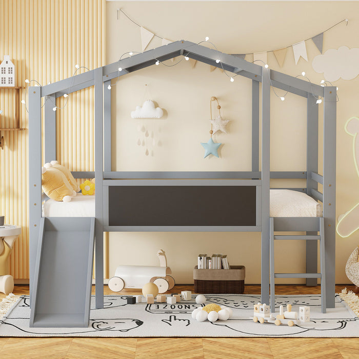 Loft House Bed With Ladder And Slide, With Blackboard And Light Strip On The Roof