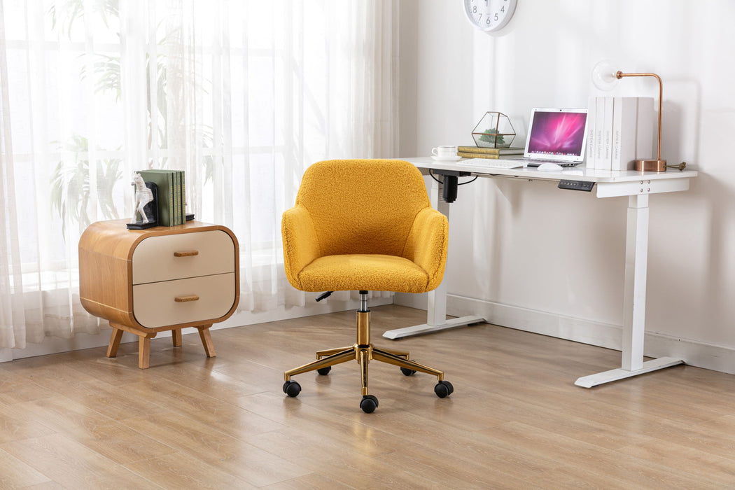 Modern Teddy Fabric Material Adjustable Height 360 Revolving Home Office Chair With Gold Metal Legs And Universal Wheel For Indoor, Yellow