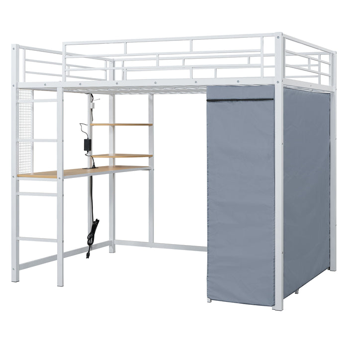 Loft Bed With Desk, Shelves, Power Outlet, LED Light And Wardrobe