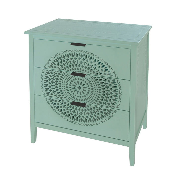 3 Drawer Storage Cabinet With Hollow Carved Design And Metal Handles, Chest For Entryway, Living Room Or Bedroom - Light Green