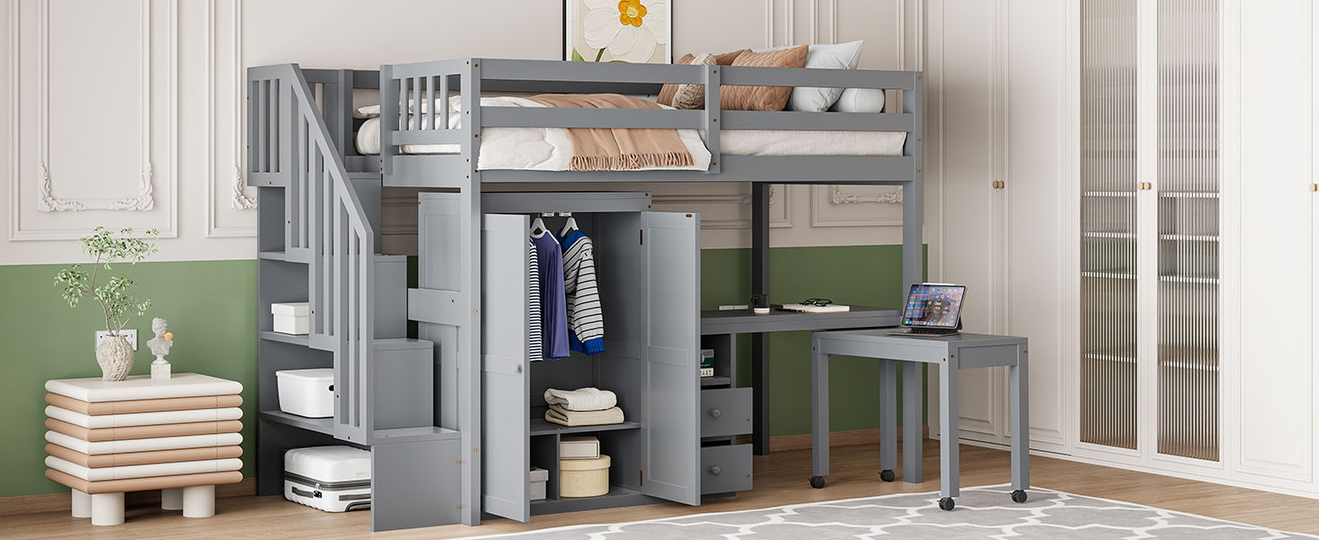 Loft Bed With Stairs, Bookshelf, Drawers, Desk & Wardrobe, Space Saving Multifunctional Furniture
