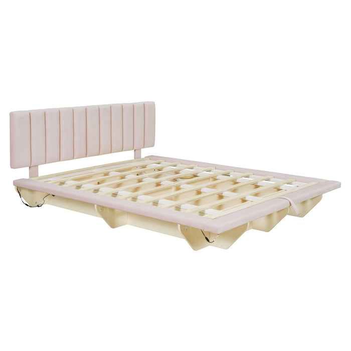 Upholstered Floating Hydrualic Platform Bed With LED Light And USB Port