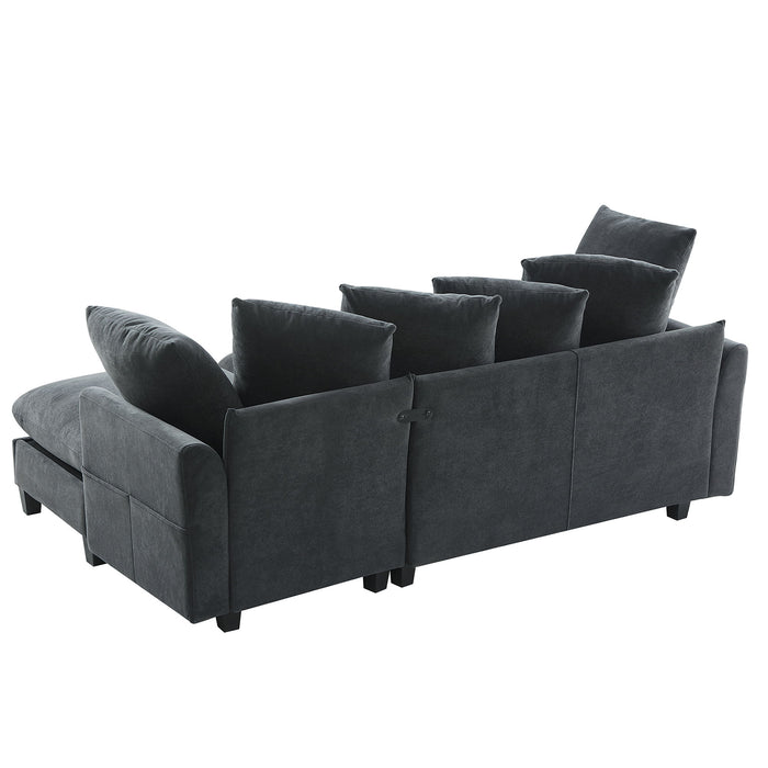 Upholstered L Shaped Sectional Sofa With Storage, Movable Ottoman, And 6 Throw Pillows