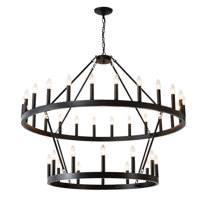2 Tiers Wagon Wheel Chandelier Wooden Farmhouse 36 Light (24 / 12) Or (12 / 24) Metal Chandeliers 2 Story Light Fixtures Industrial For High Ceiling Living Dining Room Foyer, Adjustable Height - Black
