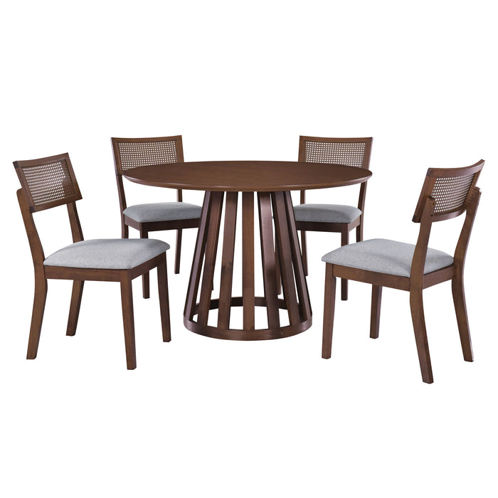 Trexm 5 Piece Retro Dining Set With 1 Round Dining Table And 4 Upholstered Chairs With Rattan Backrests For Dining Room And Kitchen (Walnut)