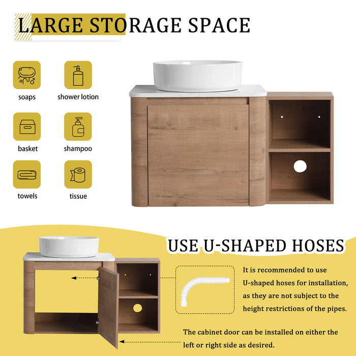 Wall Mounted Bathroom Vanity With Art Sink, 1 Storage Shelf, 2 Soft Close Doors