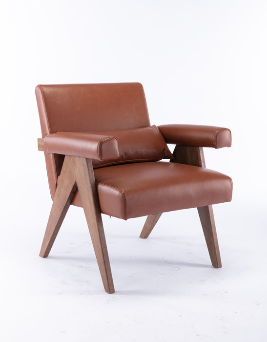 Accent Chair, Rubber Wood Legs With Walnut Finish Leather Cover The Seat With A Cushion - Brown