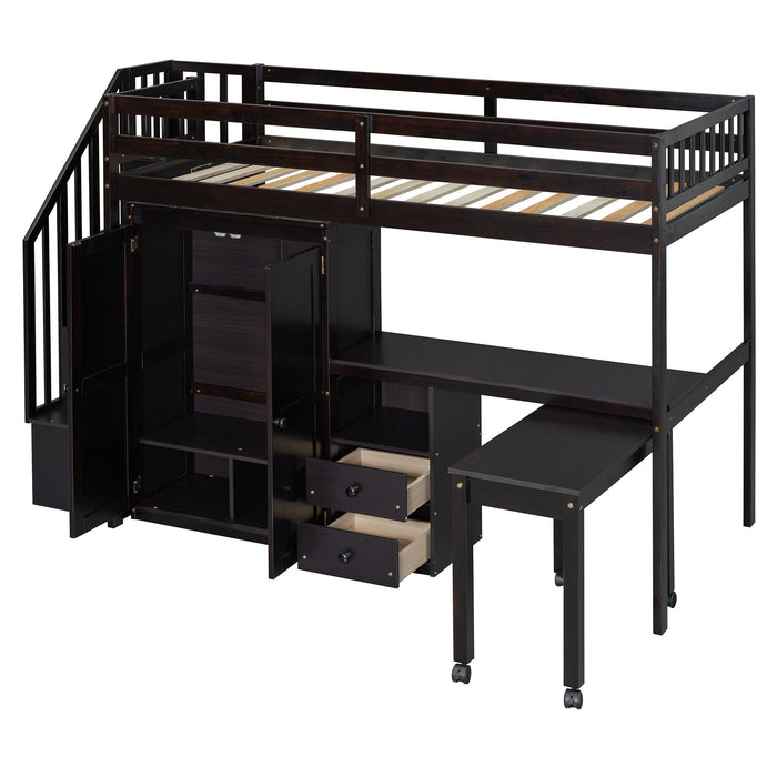 Loft Bed With Stairs, Bookshelf, Drawers, Desk & Wardrobe, Space Saving Multifunctional Furniture