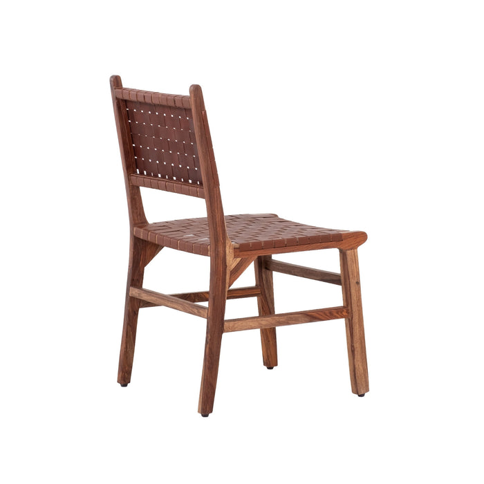 Rustic Wooden Dining Chair (Set of 2) With Genuine Leather Woven Upholstery - Brown