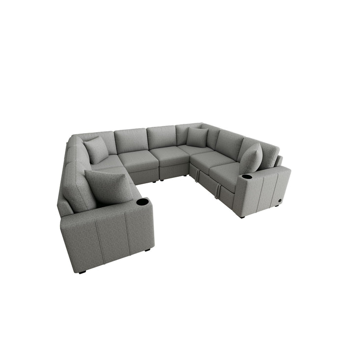 Modern U-Shaped Sectional Sofa Convertible Pull-Out Sofa Bed With USB Ports And Cup Holders