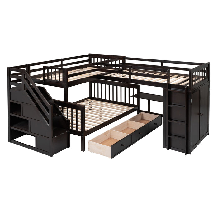 L Shaped Bunk Bed With 3 Drawers, Portable Desk And Wardrobe