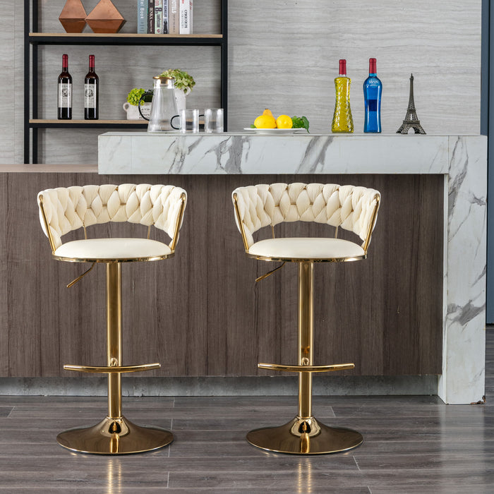 (Set of 2) Bar Stools, With Chrome Footrest And Base Swivel Height Adjustable Mechanical Lifting Velvet And Golden Leg Simple Bar Stool - Cream