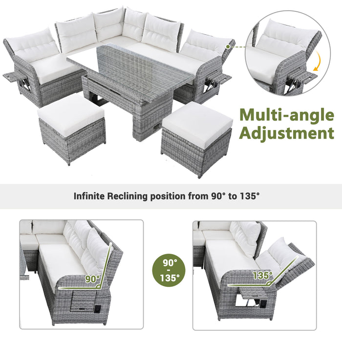 Outdoor Furniture Set Patio Rattan Furniture Set With Adjustable Table, Recliners With Extendable Side Tables And 2 Ottomans