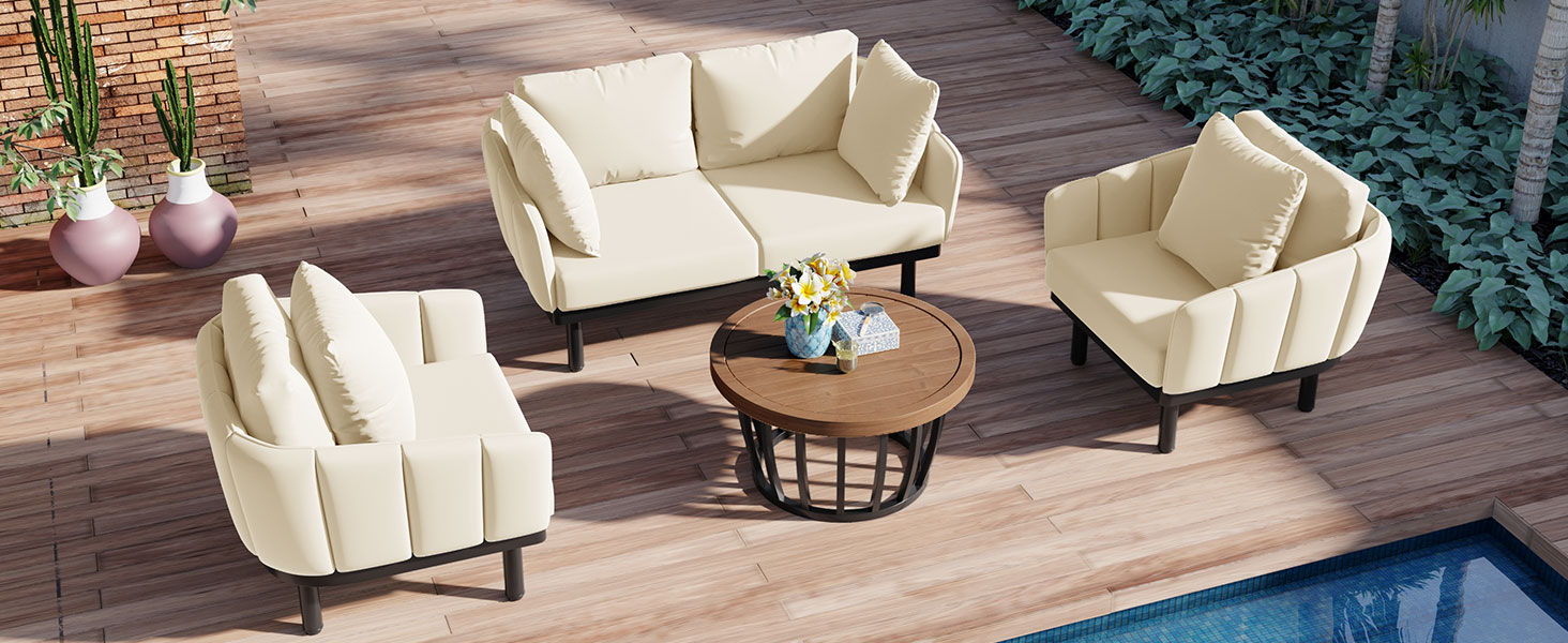 Topmax Luxury Modern 4 Piece Outdoor Iron Frame Conversation Set, Patio Chat Set With Acacia Wood Round Coffee Table For Backyard, Deck, Poolside, Indoor Use, Loveseat / Arm Chairs, Beige