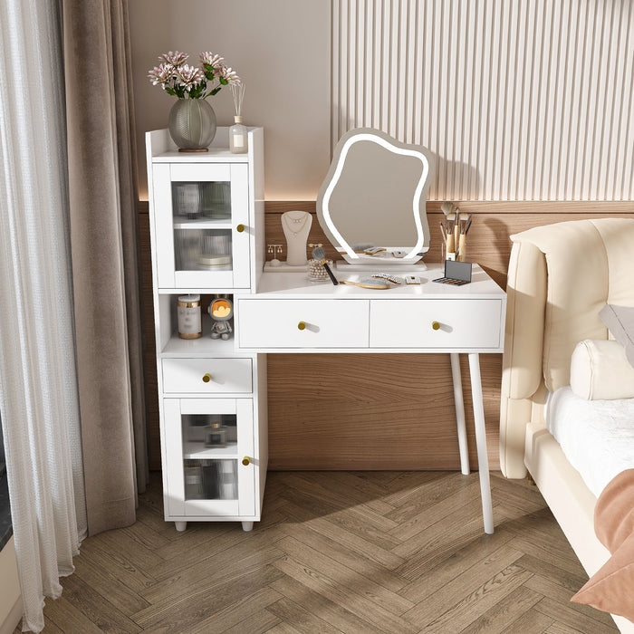 Vanity Dressing Table With LED Mirror & Storage Makeup Desk With 3 Drawers, 2 Open Shelves & 4 Hidden Cabinets - White