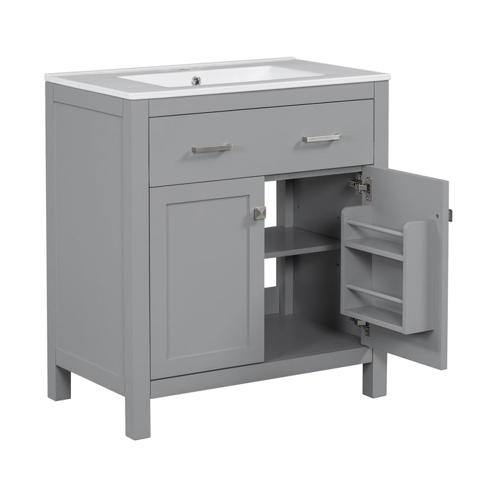 Bathroom Vanity With Ceramic Sink, Modern Single Bathroom Cabinet With 2 Doors And A Shelf, Soft Close Doors