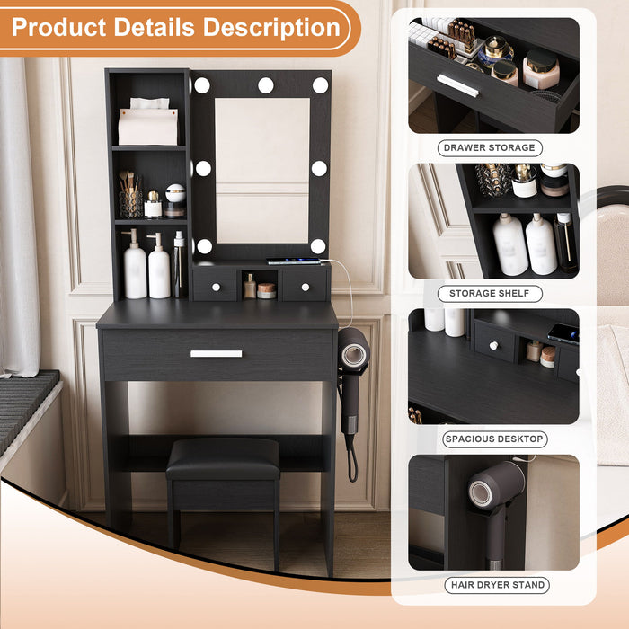 Vanity Table With Mirror, Adjustable LED Lights, Power Outlet, Hairdryer Holder & Stool